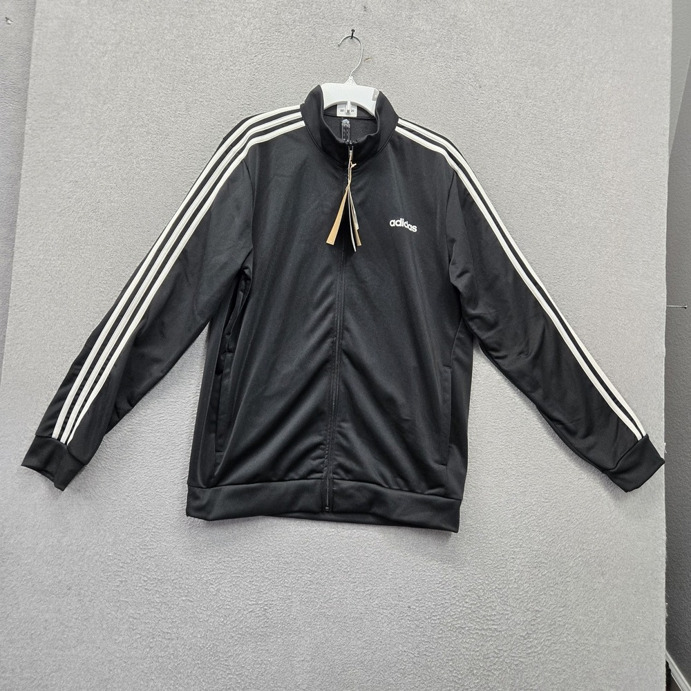 Adidas Men Jacket L Black Track 3 Stripes Training Logo Full Zip Activewear NWT